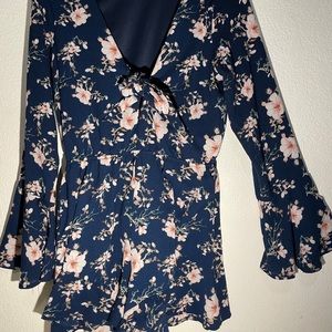 Long Sleeved Navy Blue Floral Romper